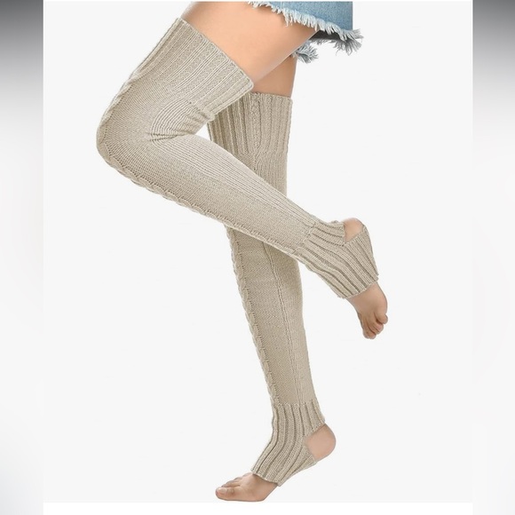 Extra long leg warmers over knee thigh high pink black cable knit yoga leggings - Picture 5 of 6